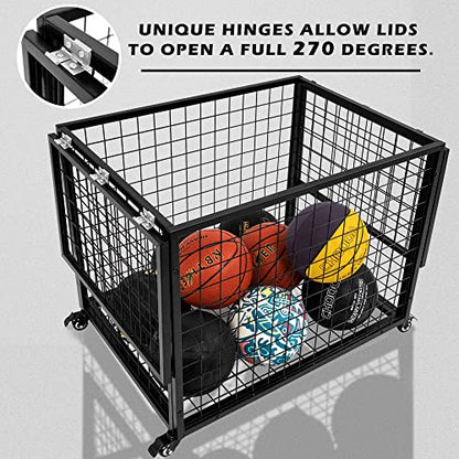 rehomerance Ball Cart Garage Sports Equipment Basketball Organizer with Lockable Lid, Basketball Storage Bin for Indoor Outdoor, Rolling Exercise Ball Holder for Gym, School, Club