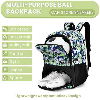 Hsmihair Youth Soccer Bag-Soccer Backpack&Backpack for Football Basketball,with Ball Compartment Separate Cleat Package - color: GreenCamo