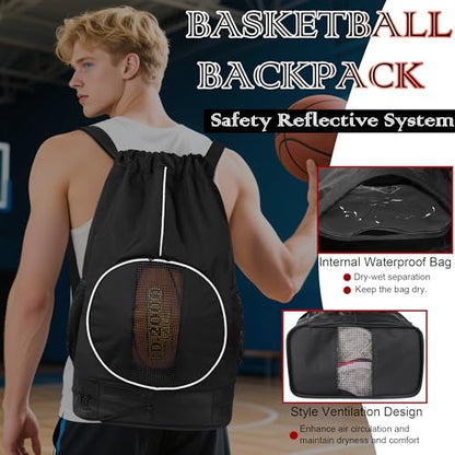 Basketball Backpack, 45 L Drawstring Sports Bag with Large Shoe Compartment and Wet Pockets for Women Men Gym Bag - color: Black-45L