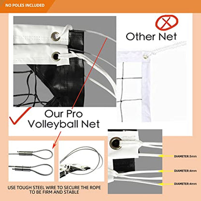 Professional Volleyball Net Heavy Duty Replacement Net - 32x3 FT - Steel Cable & Reinforced Dowels, 4" Square Mesh - for Outdoor Indoor, Backyard, Beach, Court, Pool, Park, School, Drills