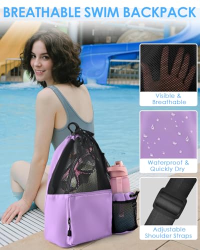 BROTOU Swim Bag Beach Backpack with Wet Pocket Mesh Drawstring Bags for Swimming, Gym - color: Purple