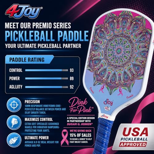 4Joy Pickleball Paddle Premio Series - Thermoformed Premium T700 Carbon Fiber Pickleball Paddless - Professional Pickleball Rackets for Women & Men - 16mm Honeycomb Core - USAP Approved - style: DinkForPink