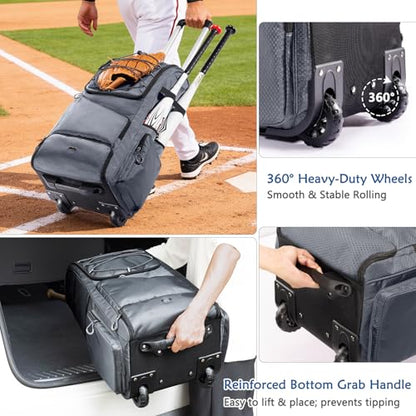 Large Rolling Baseball Catchers Gear Bag with Wheels, Softball Bag with Hard Backing for 4 Bats,Equipment Bag with Separate Shoe & Helmet Compartments, Youth Baseball Bag with 360° Spinner Wheels - color: Grey - Style A - Integrated Rolling System, size: