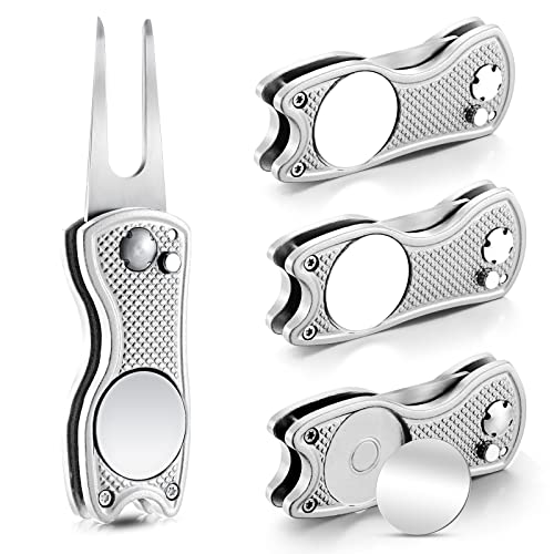 Skylety 4 Pcs Golf Divot Repair Tool Metal Foldable Golf Divot Tool with Magnetic Pop-up Button Ball Marker Stainless Steel Switchblade for Golfers Prizes - color: Silver