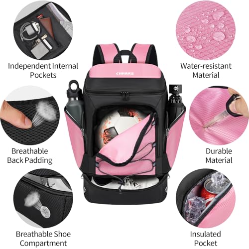 Soccer Bag - Soccer Backpack with Ball Holder,Sport Equipment Bags gifts for soccer stuff Water resistant Includes Separate Cleat Fit Basketball Volleyball Football - color: sport soccer bag 2025 PINK