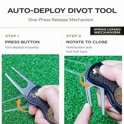 Bitcoin Golf Divot Repair Tool, All-Metal Golf Accessories - 3- in-1 Golf Multitool (Divot Tool, Ball Marker, Club Holder) | Foldable with with Pop-up Button & Magnetic Ball Marker