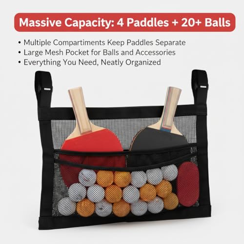 Ping Pong Paddle Case with Mesh Storage Bag, Large Capacity Table Tennis Organizer Holds up to 4 Paddles and 20+ Balls, Adjustable Strap with Sponge Cleaner for Game Room Club