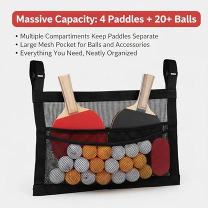 Ping Pong Paddle Case with Mesh Storage Bag, Large Capacity Table Tennis Organizer Holds up to 4 Paddles and 20+ Balls, Adjustable Strap with Sponge Cleaner for Game Room Club