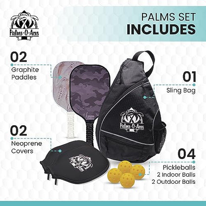 Palms-O-Aces USAPA Approved Pickleball Paddle Set | 2 Carbon Fiber T700 Graphite Paddles with Enhanced Spin Surface | Lightweight Pickleball Paddle Set with 2 Neoprene Covers, 4 Balls & Carry Bag Set