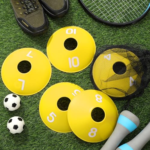 10 Pcs Numbered Sports Disc Cones 1-10 Soccer Cones with Mesh Carry Bag Flexible Agility Cones Soft Field Cones for Gym PE Classes School Activities Games, Sports Training Equipment - color: Yellow