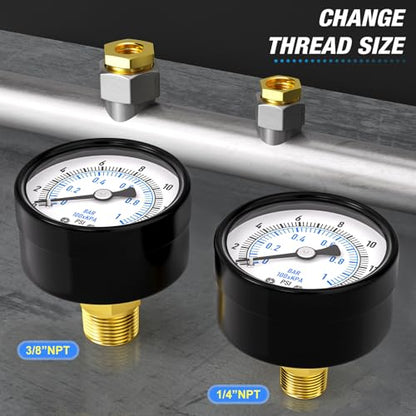 0-15Psi 2" DIAL FACE 1/8" NPT Well Pump Pressure Gauge, with 1/4" NPT and 3/8" NPT Hex Bushing, 3-2-3% Accuracy, Center Back Mount - size: 0-15Psi, style: 1/8"NPT Back Mount
