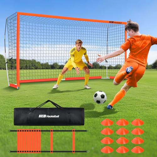 Haokelball Portable Soccer Goal for Backyard, 12x6 FT Soccer Net with Metal Post for Adult Youth Practice, Outdoor Training Equipment with Agility Ladder, Cones, Ground Stakes and Carry Bag - color: Orange