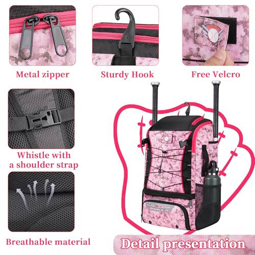 VBK Softball Bag for Girls,Kids Baseball Bag,Baseball Backpack for Boys,Tball Bag,Softball Equipment with Shoes and Ball Compartment - color: Pink