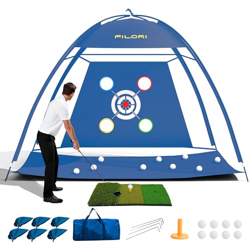 FILORI Golf Practice Net 10x7FT - Golf Hitting Net with Tri-Turf Mat, 8 Balls, Tee & Carry Bag, Indoor/Outdoor Backyard Training for Driving Chipping Swing, Ideal Gifts for Men Dad Husband Golfer - color: Blue