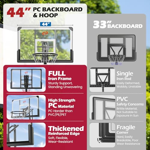 Goplus Basketball Hoop Outdoor, 4.9-10 FT Quickly Height Adjusted Basketball Goal System with 44 Inch PC Backboard, Basketball Rebound, Wheels for Adults Court Backyard Driveway