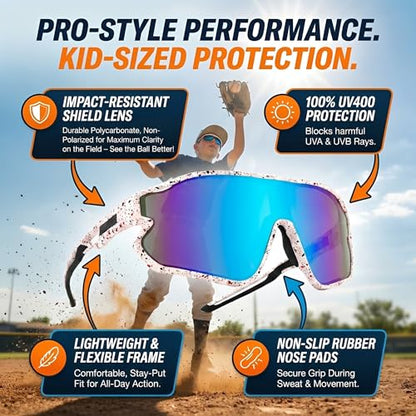 Kids Baseball Sunglasses - Youth Baseball Sunglasses for Boys Girls - Sports Softball Shades Age 6-14 - color: B1 White / Blue Mirror