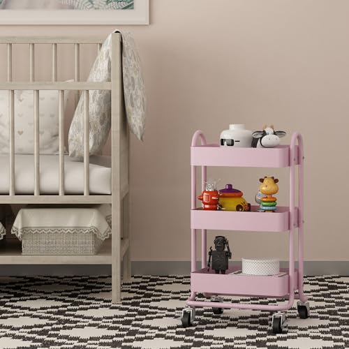 Metal Rolling Cart,3-Tier Pink Rolling Cart with Wheels,Metal Utility Cart with Wheels for Office,Home,Kitchen,Garden（13.4"x18.1"x31"） Pink - color: Pink, size: 31"H