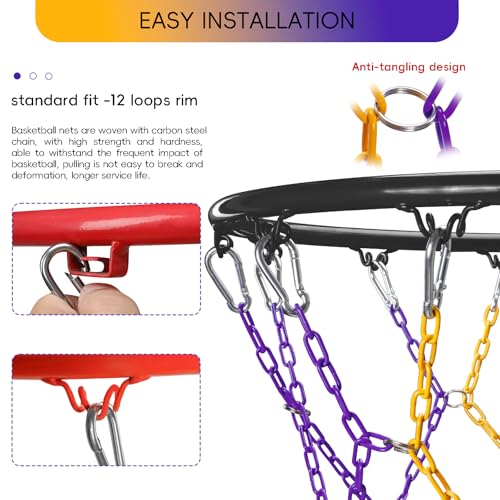 Dakzhou Basketball net, Metal Chain Net Braided Permanent Rust Proof (12 Links), Quick Installation - color: Purple/Yellow