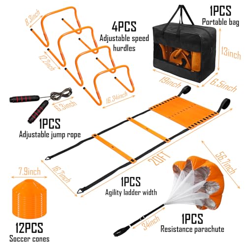 Soccer Agility Training Equipment Set, 20ft Speed Ladder, 12 Soccer Cones, 4 Hurdles, Running Parachute, Jump Rope, Basketball Football Soccer Training Equipment