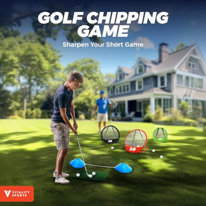 Vitality Sports Golf Chipping Net, 3PCS Pop-Up Golf Practice Net for Backyard, Indoor Outdoor Chipping Game with 3 Targets, 1 Hitting Mat, 20 Balls, Tee Box - style: Golf Net & Mat