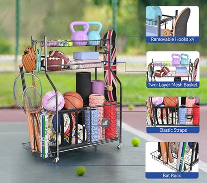 Mythinglogic Garage Sports Equipment Organizer, Baseball Storage Large Capacity, Sports Organizer for Garage with Hooks and Baskets, Ball Storage Rack for Football, Soccer Ball, Bat, Toys