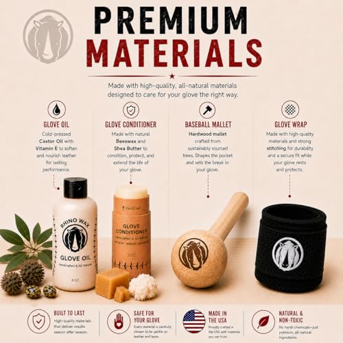 Rhino Wax - Baseball Glove Ultimate Break-in Kit - Includes Premium Oil for Ball Gloves, Mitt Conditioner, Hardwood Mallet, Wrap, Brush, and Microfiber Cloth - This is How to Break in a Glove Fast
