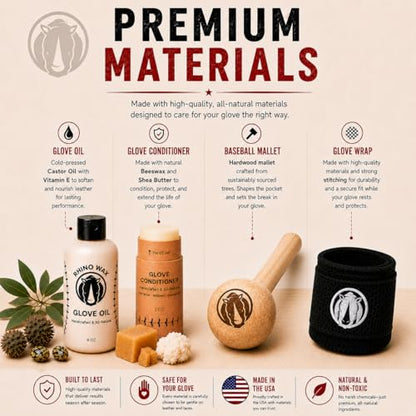 Rhino Wax - Baseball Glove Ultimate Break-in Kit - Includes Premium Oil for Ball Gloves, Mitt Conditioner, Hardwood Mallet, Wrap, Brush, and Microfiber Cloth - This is How to Break in a Glove Fast