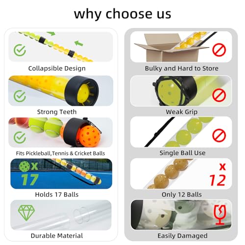 17 Balls Collapsible Pickleball Ball Retriever, Tennis Ball Retriever, Pickleball Pickup Tube with Shoulder Strap, Lightweight & Durable Ball Retriever for Easy Pickup, Collection, Carry, Storage