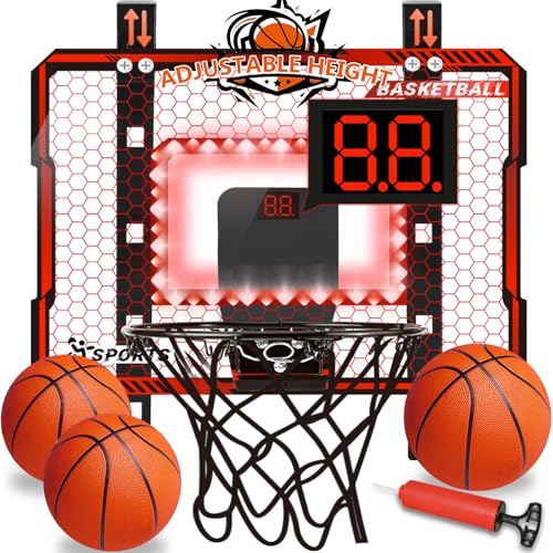 Adjustable Height Basketball Hoop Indoor with LED Lights, Basketball Toys Gifts for 5 6 7 8 9 10+ Year Old Boys Kids, Indoor Over The Door Mini Basketball Hoops with Electronic Scoreboard & 3 Balls - color: Red-adjustable