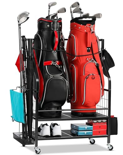 FHXZH Golf Bag Storage Garage Organizer - Golf Bag Stand Fit for 2 Bag, Extra Clubs, Balls, Shoes, and Golf Equipment Accessories, Golf Storage Rack for Garage, Club, Shed