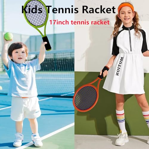 Kids Tennis Racket 17 Inch Lightweight for Junior Toddlers - Includes 2 Tennis Balls, 2 Sponge Balls, 4 Shuttlecocks & Carry Bag - color: Dark Orange & Green