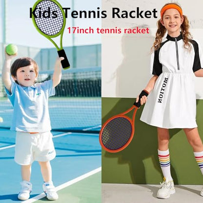 Kids Tennis Racket 17 Inch Lightweight for Junior Toddlers - Includes 2 Tennis Balls, 2 Sponge Balls, 4 Shuttlecocks & Carry Bag - color: Dark Orange & Green