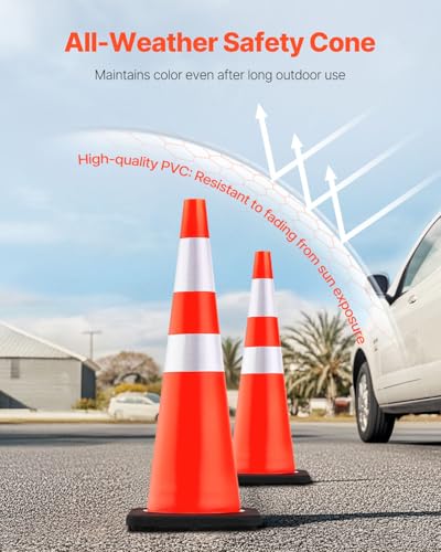 VEVOR Safety Cones, 6 Pack 36" Traffic Cones, PVC Orange Construction Cones with Reflective Collars and Black Weighted Base, for Traffic Control, Driveway Road Parking and School Improvement