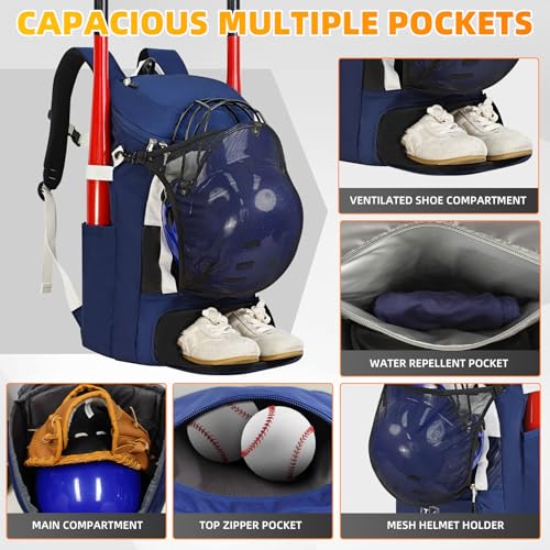 Youth Baseball Bag,Softball Backpack for 2 Bats with Ball Pocket,Large Lightweight Waterproof Softball Equipment Bag with Fence Hook and Separate Shoe Compartment
