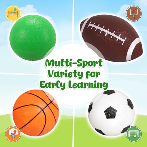 3 otters 4-Pack Sports Balls for Toddlers & Kids, Playground Balls with Pump, 5-Inch Soccer Ball, Basketball, Kickballs, Stockings for Grandkids, Toys for 2+ Boy Indoor/Outdoor Play