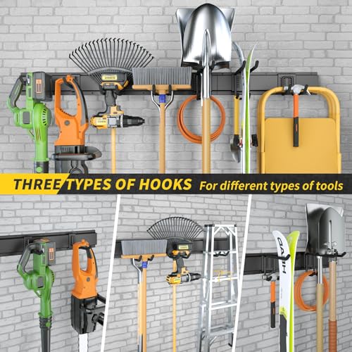 UUP 48" Garage Tool Organizer Wall Mount, 440lbs Garden Garage Storage Garage Organization with Adjustable Heavy Duty Hanging Hooks, Yard Rack Hanger System Shovel Rake Broom Ladder Holder, Men Gift - size: 48" Alloy Steel with 3 Panels & 7 Hooks