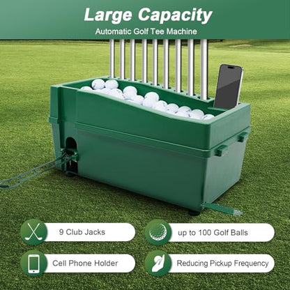 Automatic Golf Tee Machine, 100 Balls Golf Ball Dispenser with Batting Stand, No Power&Electricity Required, Auto Tee Up Machine for Driving Ranges, Golf Ball Game, Sports Gaming Clubs