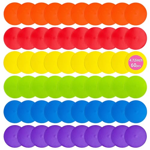 Spot Markers 4 Inch 9 Inch Non Slip Rubber Floor Markers Flat Field Cones Poly Dots for Classroom Dance Sports Soccer Basketball Speed Agility Training(6 Colors) - style: 4.72inch 60pcs