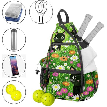 Pickleball Bag Cartoon Cats Green Pickle Ball Backpack for Women Men Premium Lightweight Crossbody Sling Bag Sports Backpack for Pickleball Paddle Tennis - color: Cats Green
