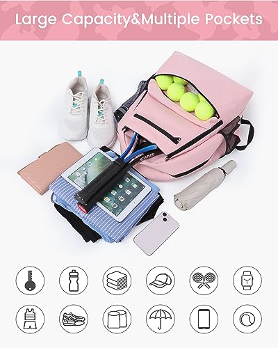 Tennis Bag Professional Tennis Backpack for Men and Women Racket Bags Holds 2 Rackets with Ventilated Shoe Compartment - color: Pink with Shoes Compartment