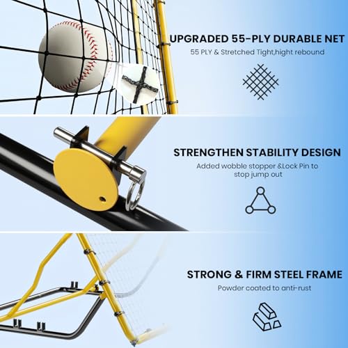 Baseball Rebounder Net,4x4.5FT Multi-Sport Pitch Back Rebounder Steel Frame with 4 Adjustable Angles, 40pcs Bungees Soccer, Volleyball&Lacrosse Trainer for Solo Fielding - color: Yellow