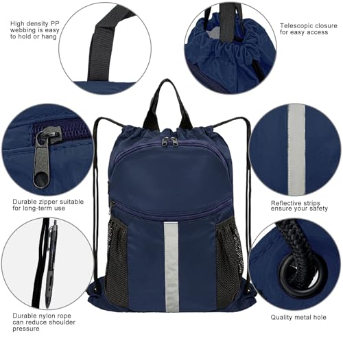 Drawstring Backpack with Shoes Bag Waterproof String Beach Bag for Sports Gym Swim（Navy） - color: Navy