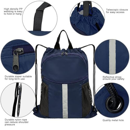 Drawstring Backpack with Shoes Bag Waterproof String Beach Bag for Sports Gym Swim（Navy） - color: Navy