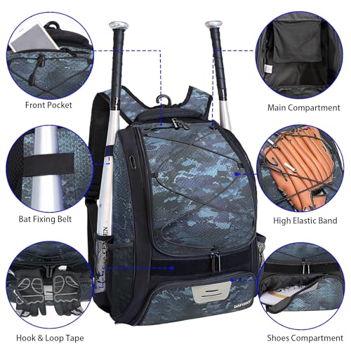 DAFISKY Baseball Bag Softball Backpack - Youth Adult T Ball Bat Equipment Bag with Bat Helmet Holders, Shoe Compartment - color: CamouflageBlue