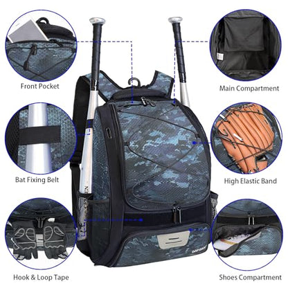 DAFISKY Baseball Bag Softball Backpack - Youth Adult T Ball Bat Equipment Bag with Bat Helmet Holders, Shoe Compartment - color: CamouflageBlue