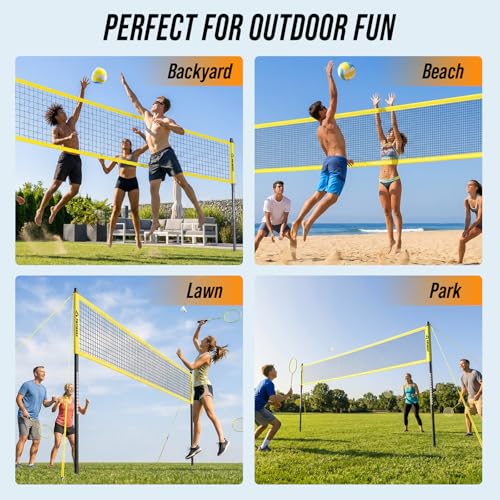 Outdoor Volleyball Net System for Backyard, Adjustable Height (5.1–8FT) & Width (20–32FT), Anti-Sag Tension System, 2-in-1 Badminton Combo Set with Carry Bag, Rackets & Shuttlecocks