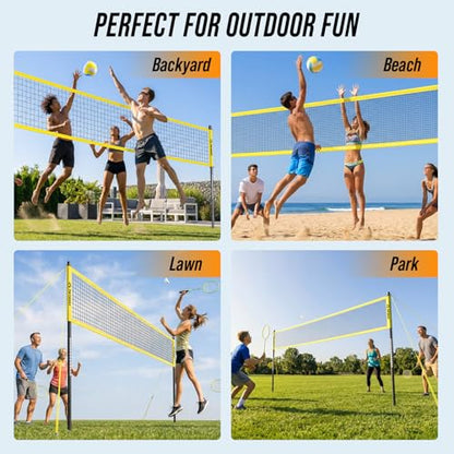 Outdoor Volleyball Net System for Backyard, Adjustable Height (5.1–8FT) & Width (20–32FT), Anti-Sag Tension System, 2-in-1 Badminton Combo Set with Carry Bag, Rackets & Shuttlecocks