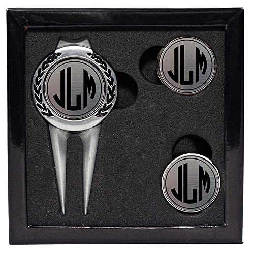 Personalized Divot Tool & Hat Clip Golf Ball Marker Set | 3 Finishes - Brass, Pewter and White | 9 Engraving Styles | Monogram, Initials or Custom Text
