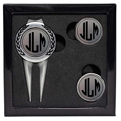 Personalized Divot Tool & Hat Clip Golf Ball Marker Set | 3 Finishes - Brass, Pewter and White | 9 Engraving Styles | Monogram, Initials or Custom Text
