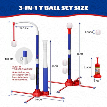 3-in-1 T Ball Set for Kids 3-5, Adjustable Baseball Tee with Auto Ball Launcher, Hanging Stand & 4 Balls, Indoor/Outdoor Sports Toys Gifts for Boys Girls Ages 5-8
